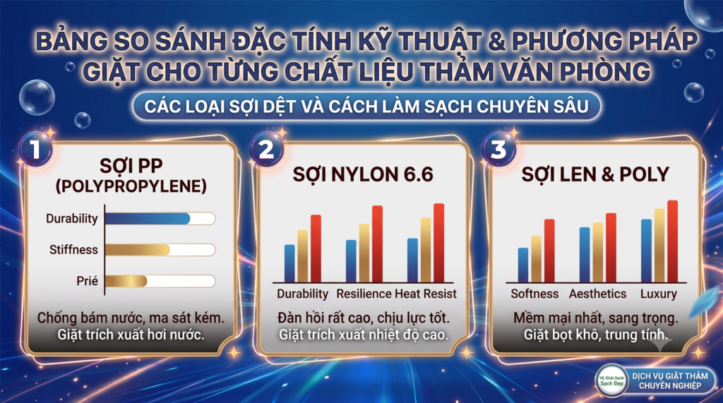 Đơn Vị Giặt Thảm Văn Phòng Tại Quận 3 Và Quận 1 Chuyên Nghiệp – Vệ Sinh Xanh Sạch Đẹp 1 Bảng so sánh đặc tính kỹ thuật và phương pháp giặt cho từng chất liệu thảm văn phòng - thông tin chia sẻ từ Vệ Sinh Xanh Sạch Đẹp - vesinhxanhsachdep.com