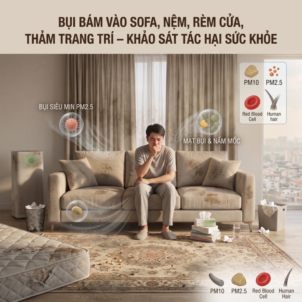 Hình mô tả về bụi bám vào sofa, nệm, rèm cửa, thảm trang trí khảo sát tác hại sức khoẻ được tổng hợp tại Vệ Sinh Xanh Sạch Đẹp - vesinhxanhsachdep.com