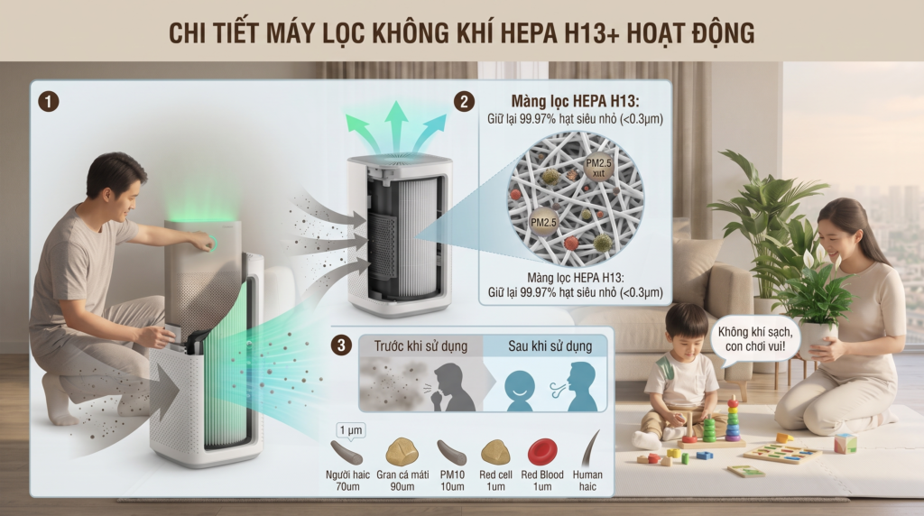 Bụi Mịn Bám Ghế Sofa Có Ảnh Hưởng Sức Khỏe Không? Giải Mã Nguy Cơ Vô Hình Và Cách Xử Lý Triệt Để 1 Chi tiết về máy lọc không khí hepa H13 plus và cách hoạt động thông tin tại Website Vệ Sinh Xanh Sạch Đẹp - vesinhxanhsachdep.com