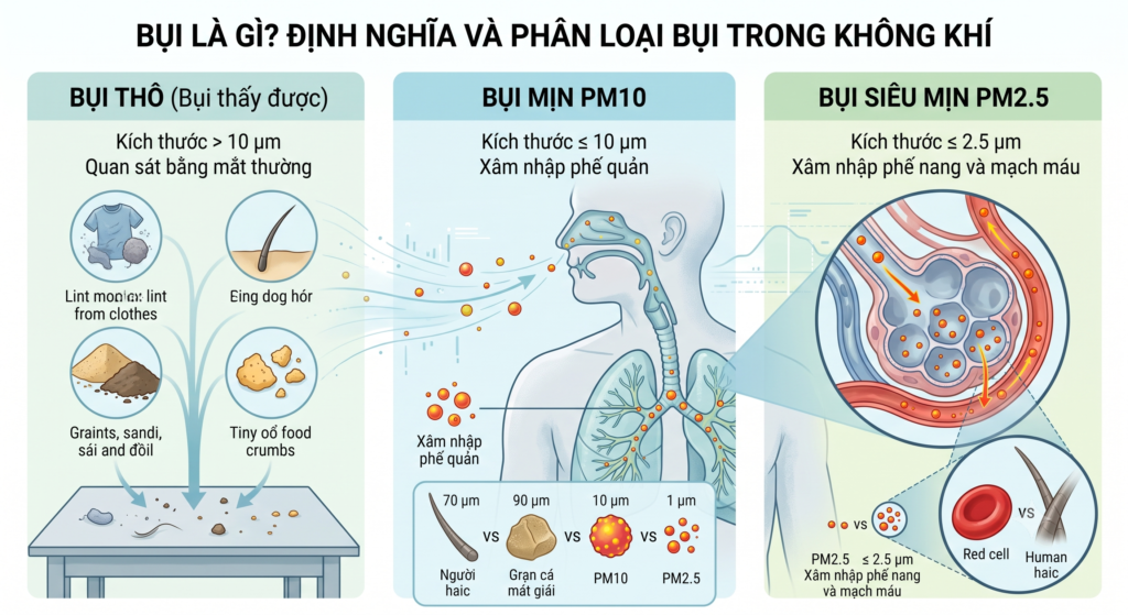Hình mô tả về Bụi thô , Bụi mịn và Bụi siêu mịn được tổng hợp tại Vệ Sinh Xanh Sạch Đẹp - vesinhxanhsachdep.com