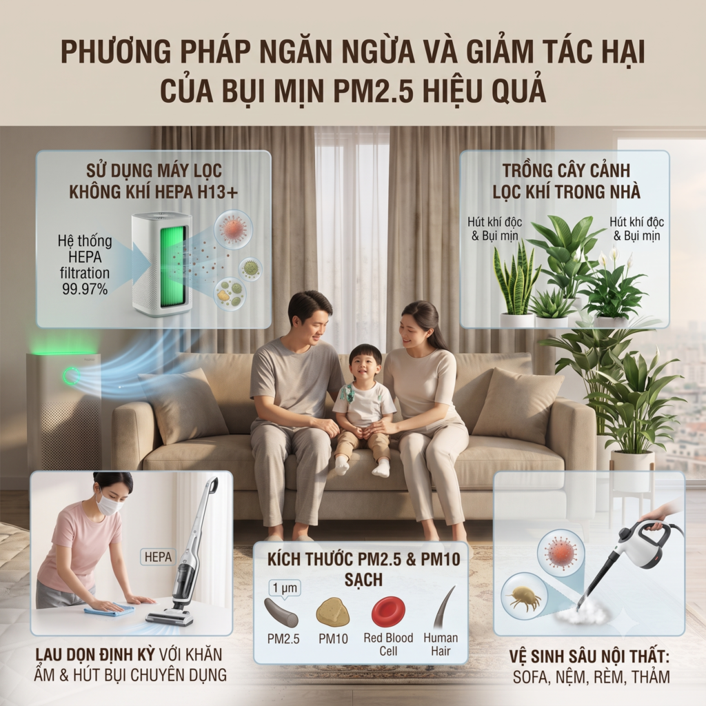 Hình mô tả về phương pháp ngăn ngừa và giảm tác hại của bụi min PM2.5 hiệu quả được tổng hợp tại Vệ Sinh Xanh Sạch Đẹp - vesinhxanhsachdep.com