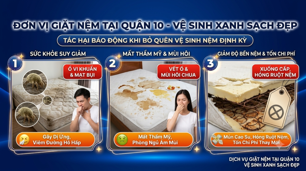 Tác hại báo động khi bỏ quên vệ sinh nệm định 3 - 6 tháng thông tin chia sẻ từ Đơn Vị Giặt Nệm Tại Quận 10 Chuyên Nghiệp – Vệ Sinh Xanh Sạch Đẹp
