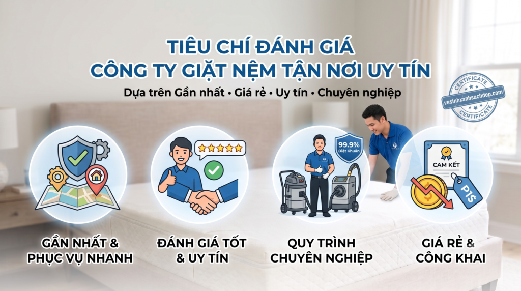 Tìm Dịch Vụ Giặt Nệm Tại Nhà Giá Rẻ Uy Tín – Vệ Sinh Xanh Sạch Đẹp 1 Bảng so sánh 4 tiêu chí đánh giá dịch vụ giặt nệm tận nơi uy tín giá rẻ TPHCM vs tự giặt tại nhà. Hình ảnh nhân viên Vệ Sinh Xanh Sạch Đẹp đang giặt nệm hơi nước nóng diệt khuẩn