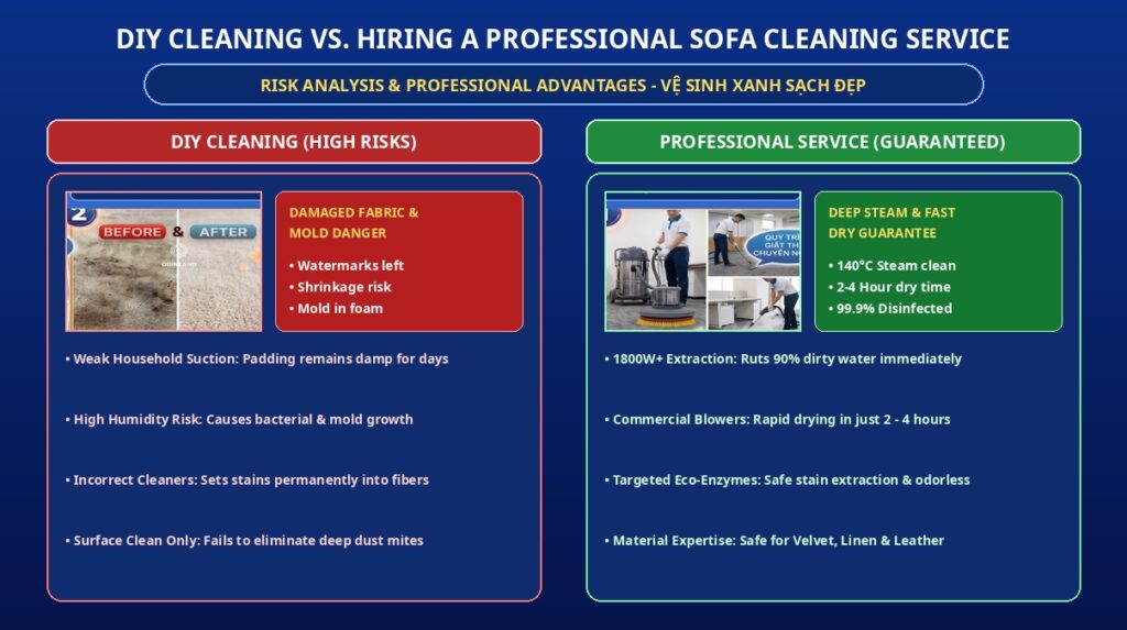 Professional Sofa Cleaning Service in Ho Chi Minh City: The Complete Expat Guide 1 Visual comparison with photo illustrations between DIY sofa cleaning and professional sofa cleaning service in Ho Chi Minh City